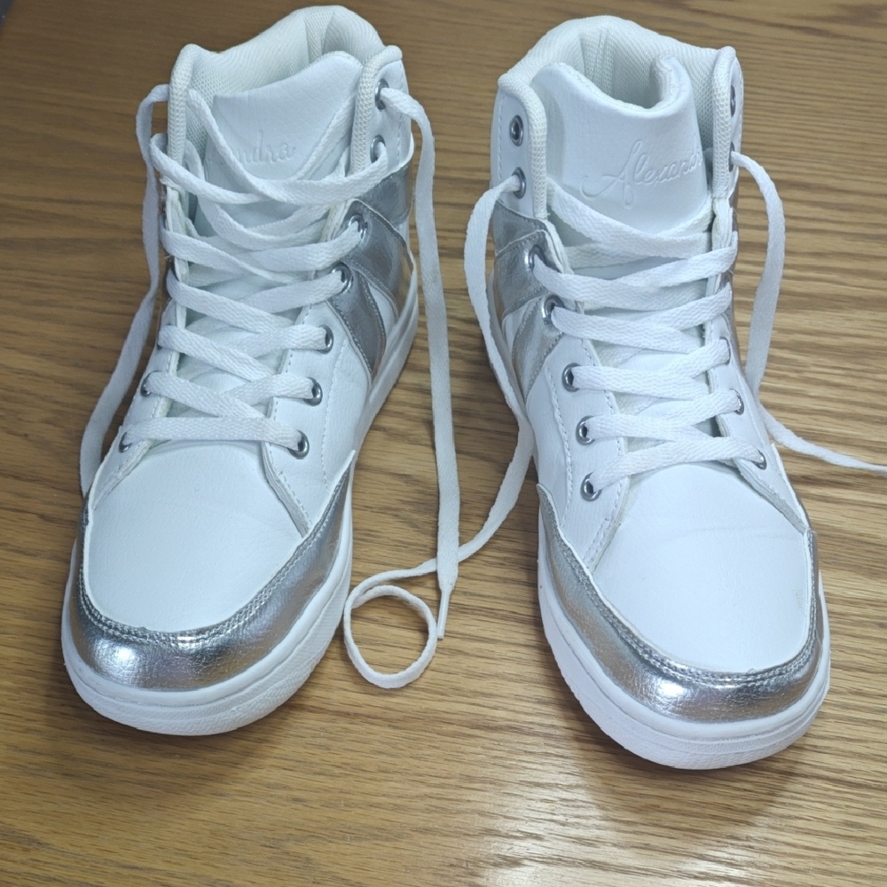 White and Silver High-Top Sneakers